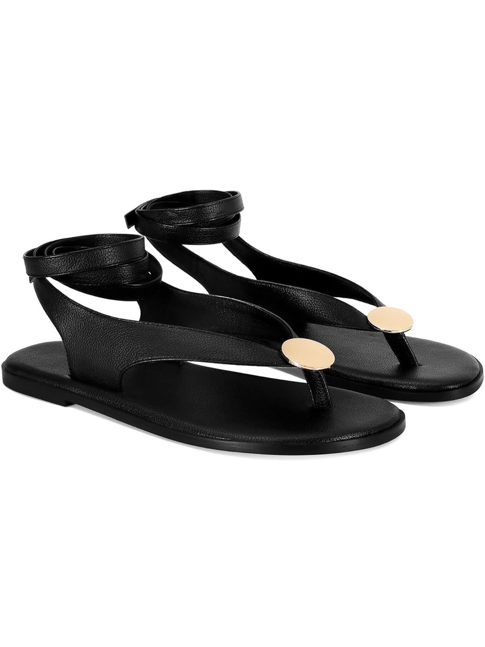 Ladies Black Ankle-Wrap Thong Sandals with Gold Disc
